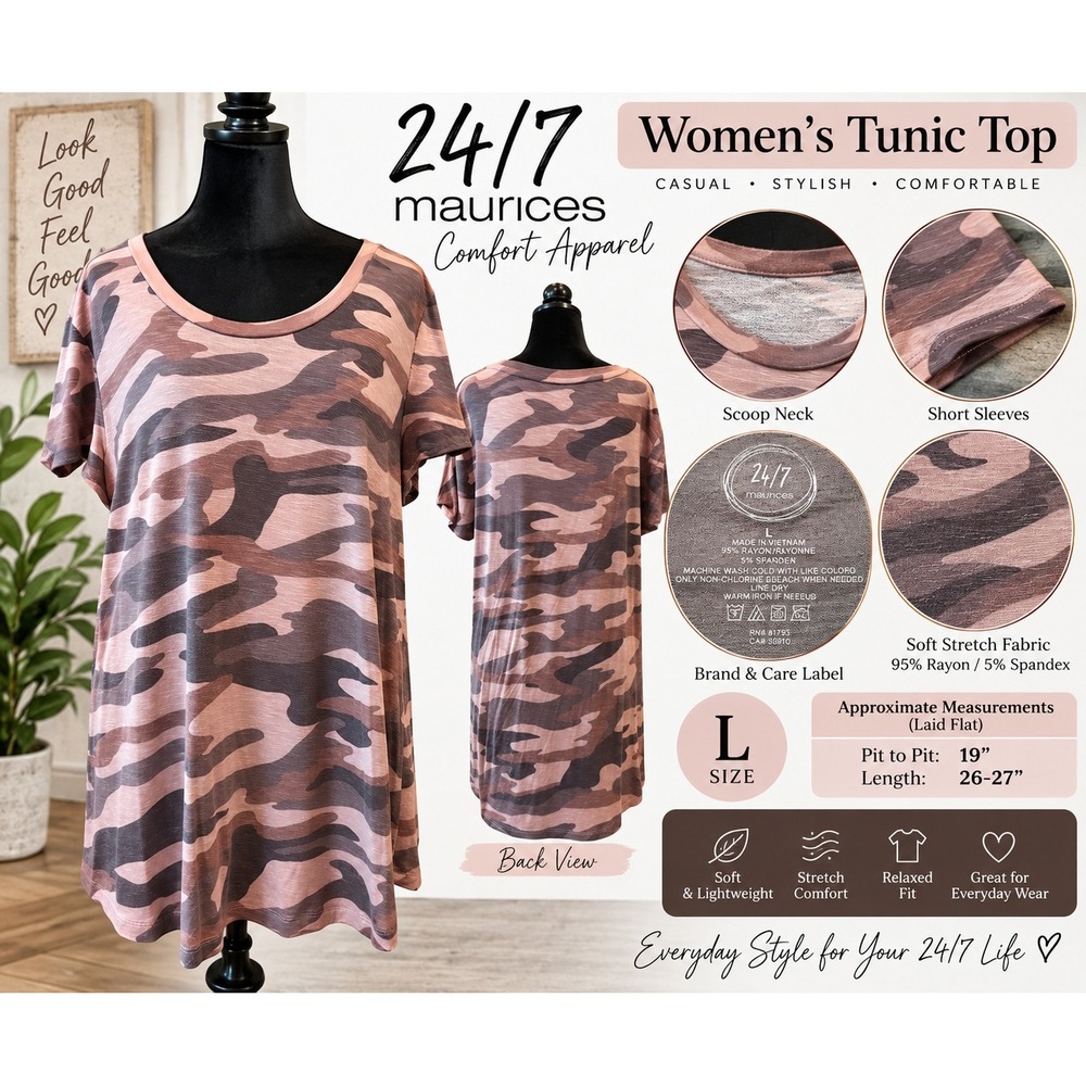 Maurices 24/7 Comfort Apparel Pink Camo Tunic Top Short Sleeve Scoop Neck L